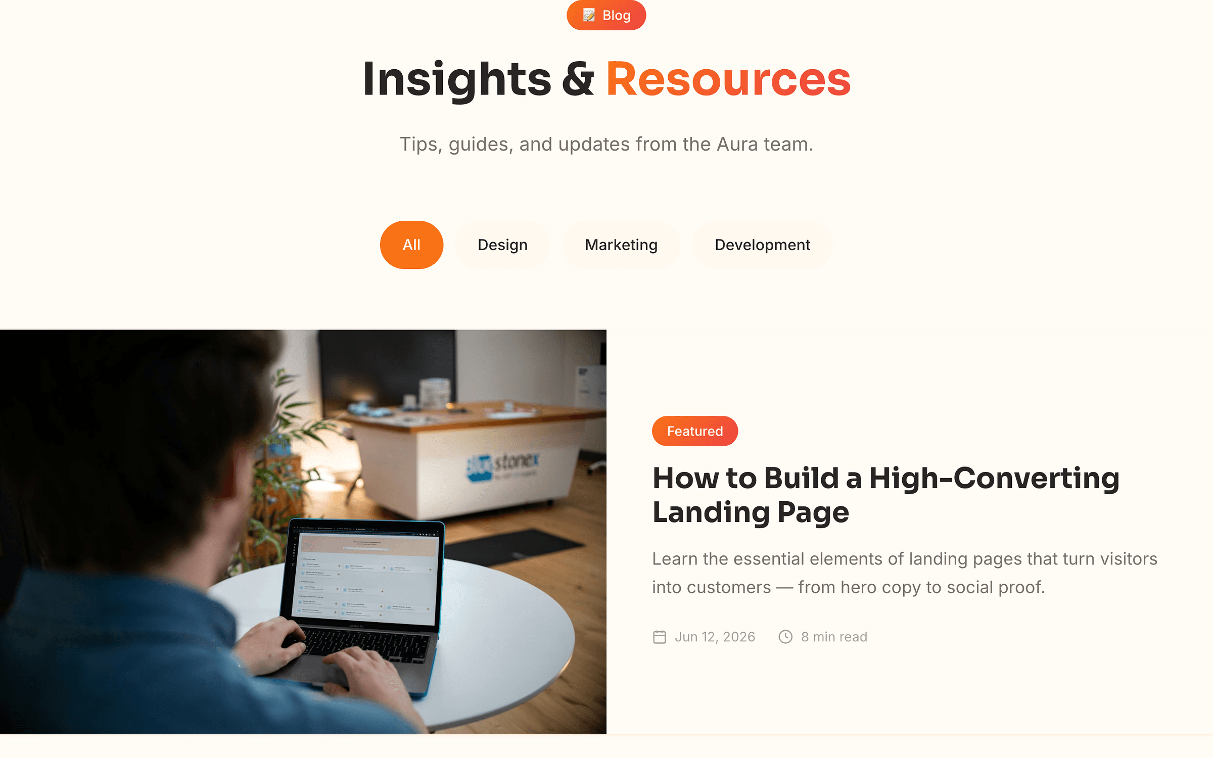 Aura blog listing with tag filters