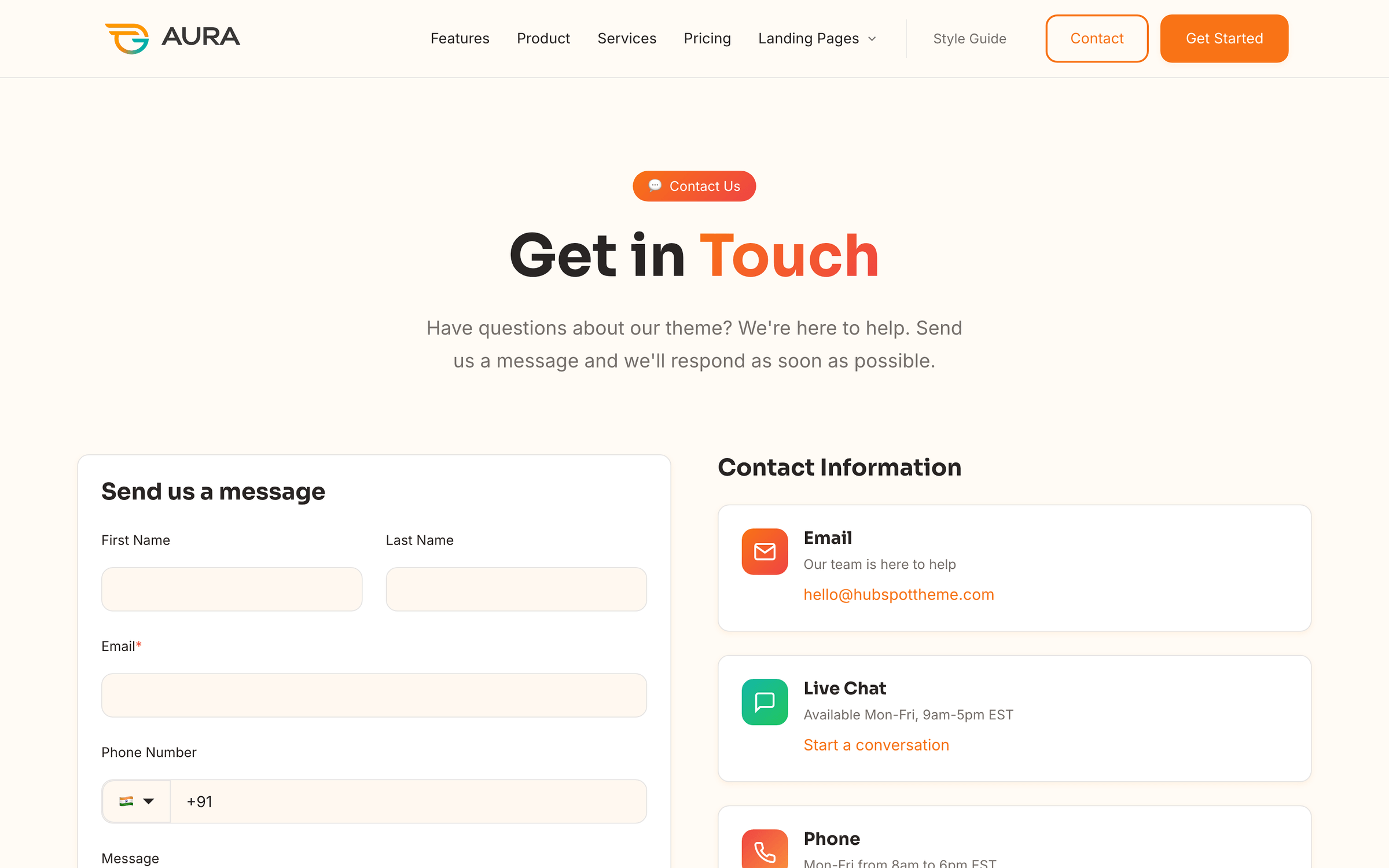 Aura contact page with header and footer